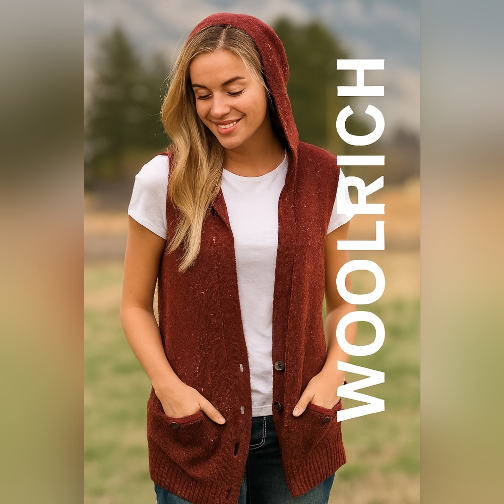 WOOLRICH Burgundy Red Sleeveless Hooded Sweater Wool Fall Winter Vest(#1,555)(C)